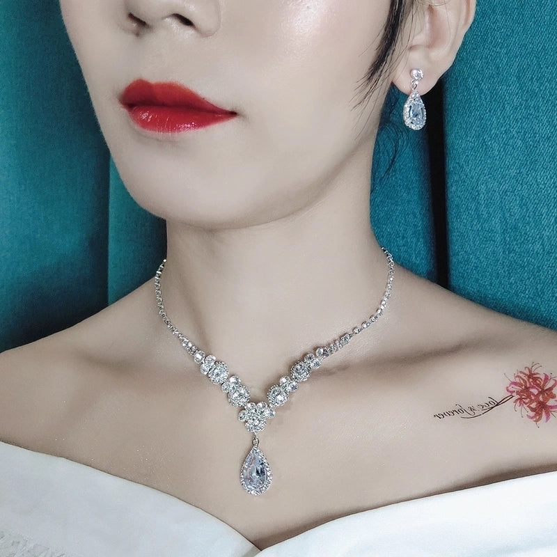 Silver Plated Inlay Water Droplets Flower Rhinestones Zircon Bracelets Earrings Necklace