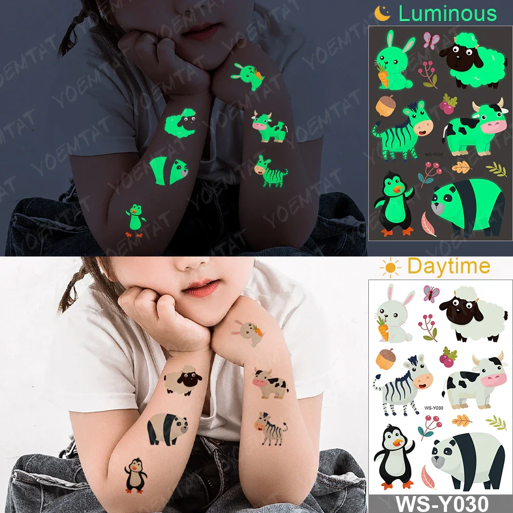 Sdrawing Temporary Tattoo Sticker Glowing Panda Fox Tiger Cute Animal Luminous Children Tatoo Kid Body Arm Glitter Fake Tatto