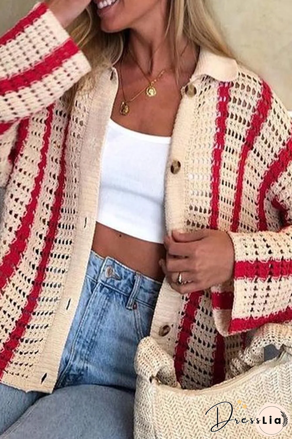 Fashion Street Striped Split Joint Buckle Turndown Collar Tops