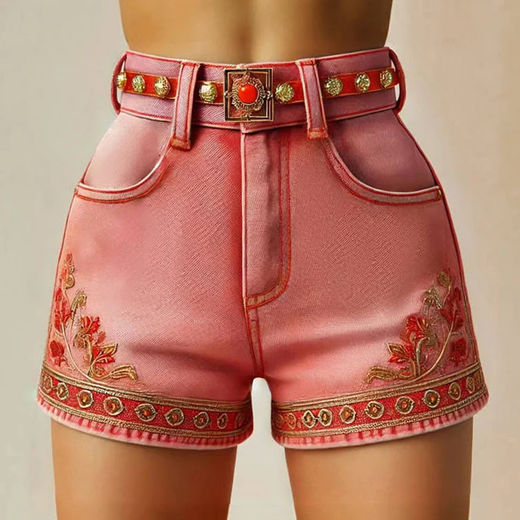 Ursime Boho Floral Pattern High Rise Denim Shorts