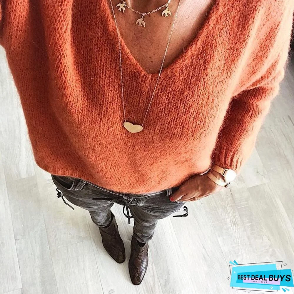 Casual V-Neck Plain Sweater