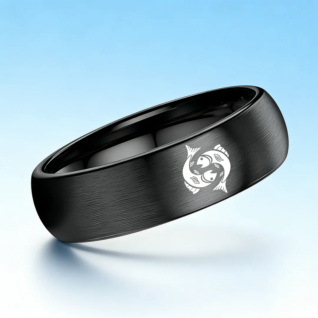 4MM 6MM 8MM Width Black Pisces Tungsten Carbide Rings Prints Laser Design Domed Top Tungsten Wedding Bands 