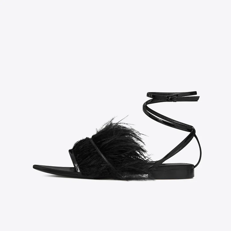 Black Fur Strappy Sandals with Open Toe and Comfortable Flats Vdcoo