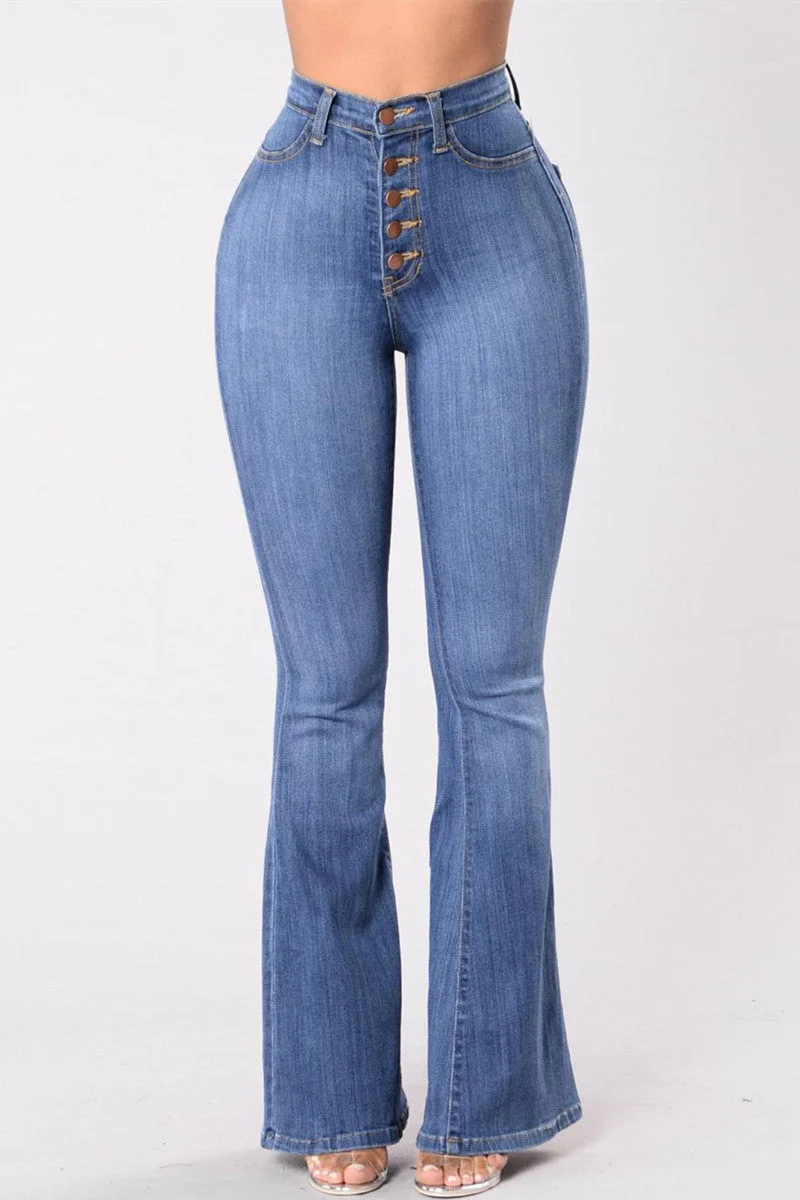 Fashion Casual Solid Buttons High Waist Regular Denim Jeans