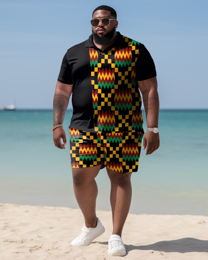 Black Ethnic Style Printed Large Casual Men's Polo Short Sleeved Shirt Shorts Set