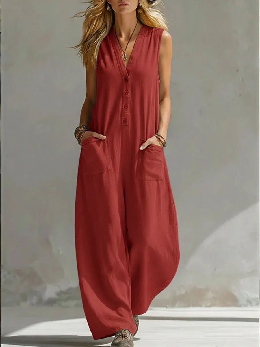 Women's Sleeveless V Neck Linen Jumpsuit