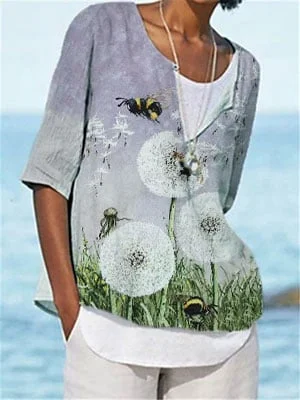 Women's Dandelion Bee Print V-Neck Cotton Linen Casual Mid Sleeve Top
