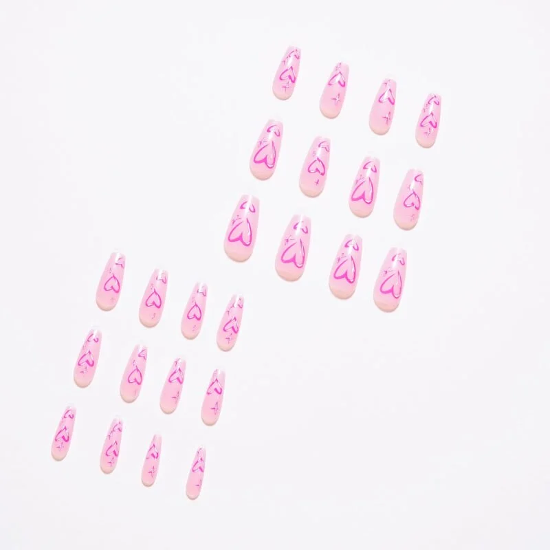 24pcs Press on Nails with Glue Long Rose Red Heart Bride Ballerina Nail Art Tips Removable Manicure Full Cover Coffin Fake Nails-Nail Inspo