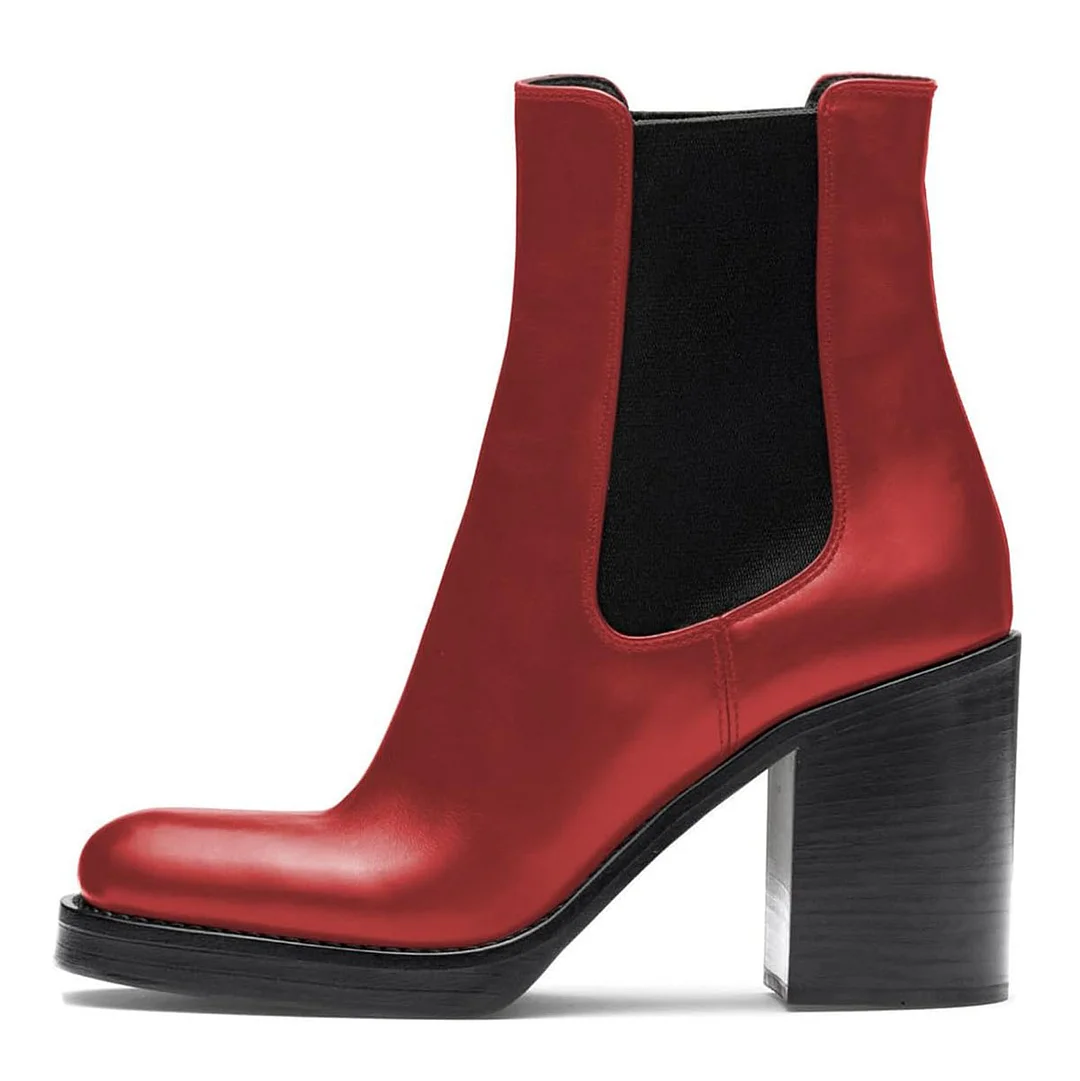 Red Vegan Leather Square Toe Chunky Heel Chelsea Boots Women