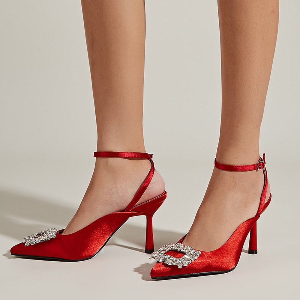 Red Satin Closed Pointed Toe Slingback Ankle Strappy Rhinestone Decor Pumps With Flared Heels  Nicepairs