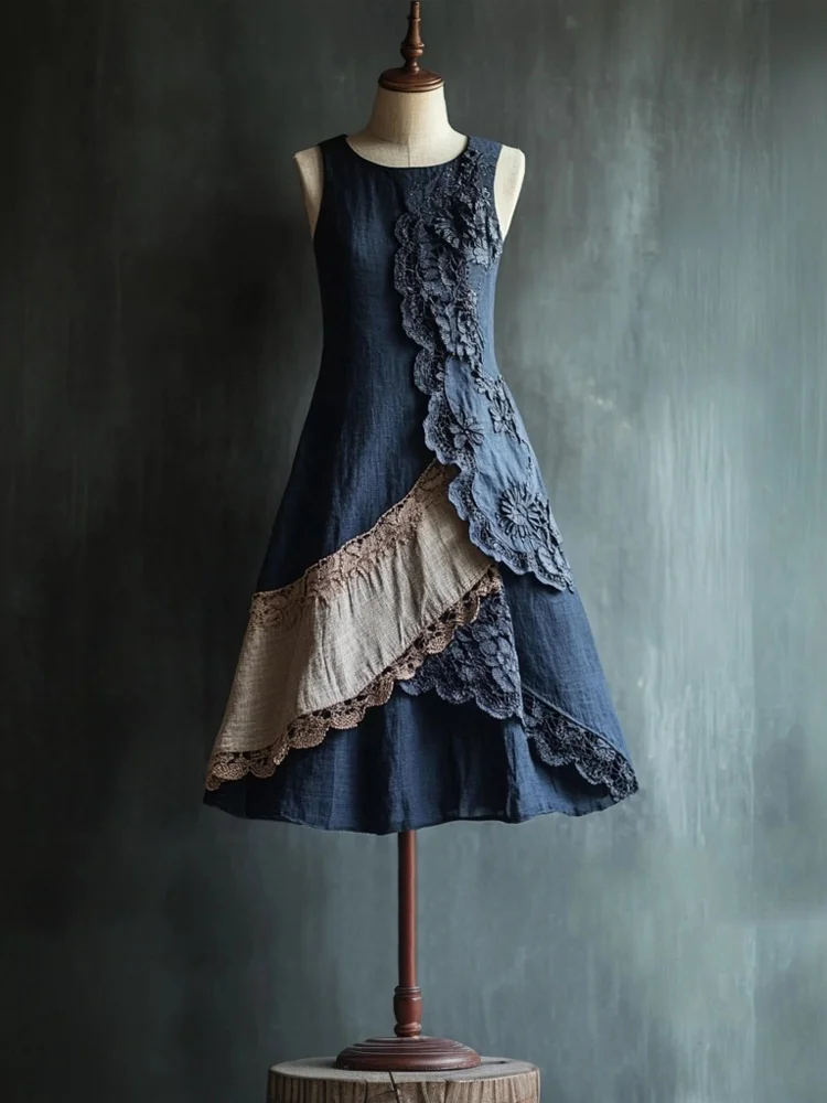 Vintage Elegant Lace Patchwork Linen Tank Dress