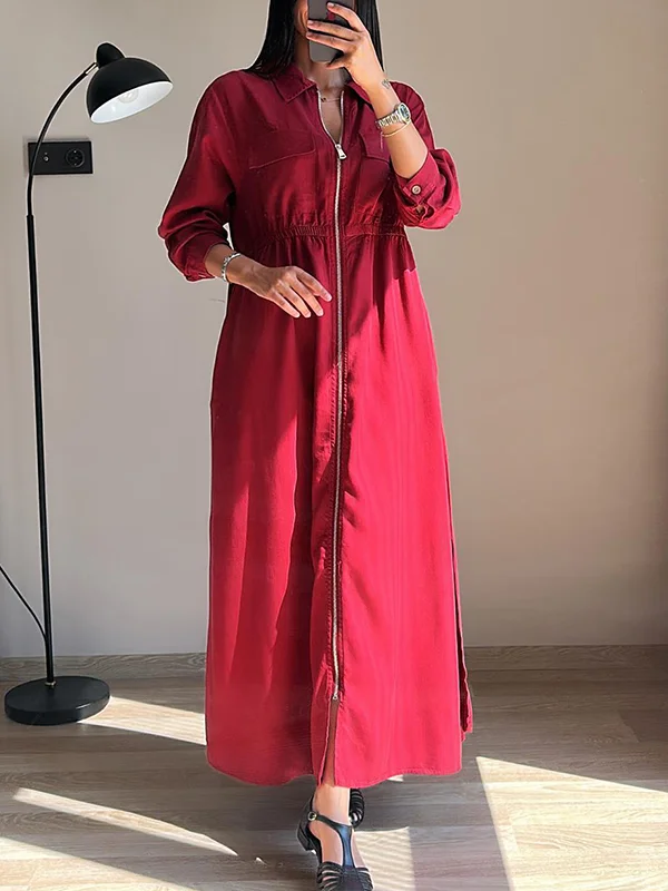 CLEARANCE🔥 Lapel Zipper Elastic Waist Pocket Dress