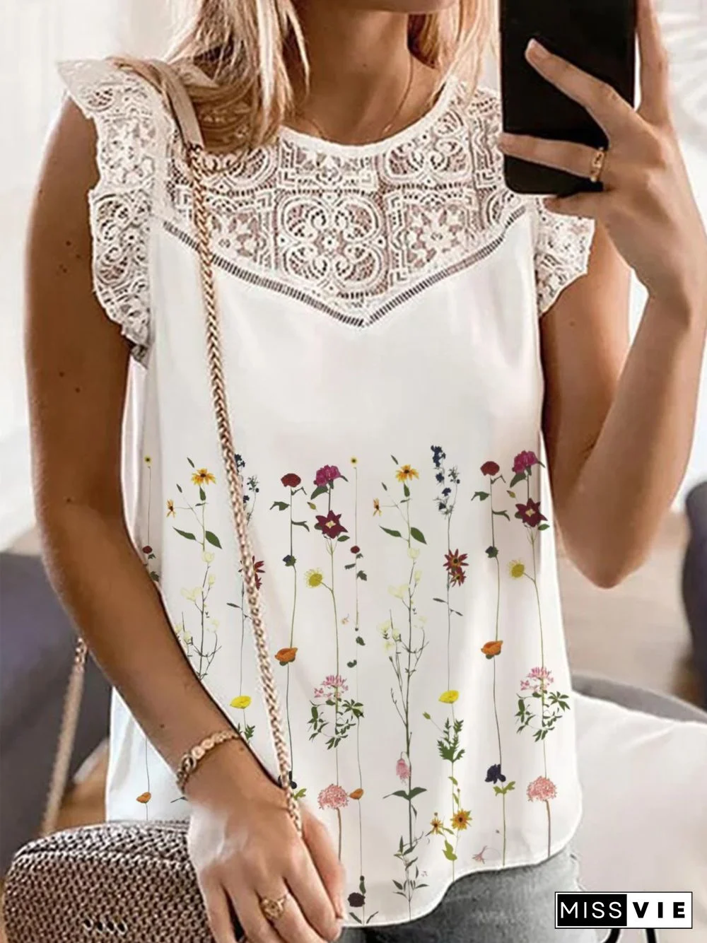 Casual Sleeveless Printed Cotton Tops