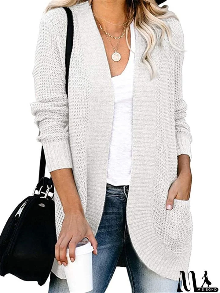 MidiSono - Casual Solid Color Knitted Cardigans With Pockets