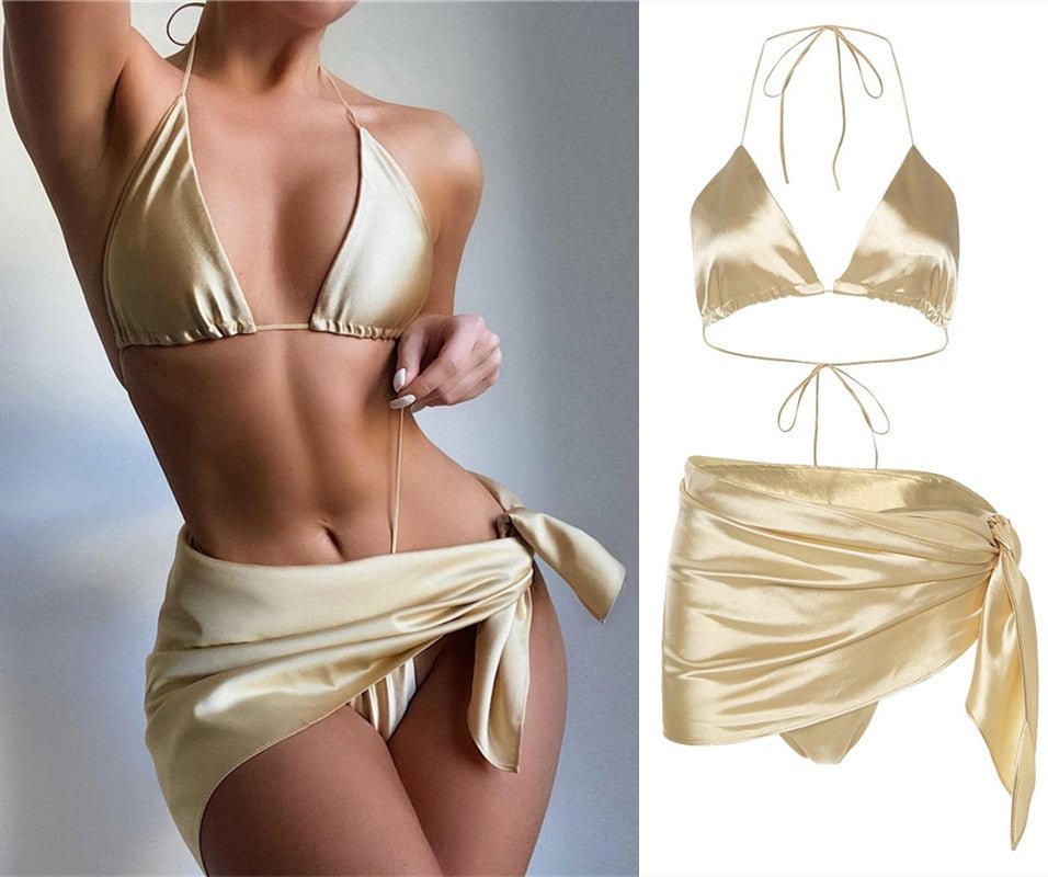 Sexy Swimsuit Women 3 Piece Satin Micro Bikini Set With Summer Beach Mini Skirts For Women Cover Up Swimwear Vacation Outfits