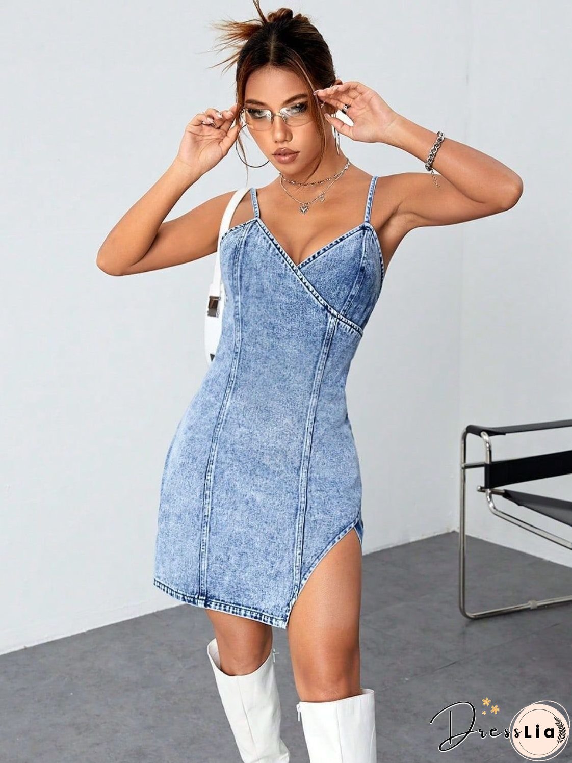 Slit Surplice Spaghetti Strap Denim Dress