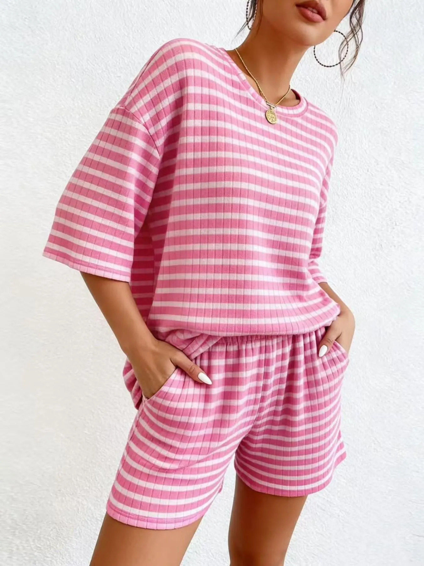 Women's Casual Loose Oversized Striped Set, Summer Short Sleeve Tee & Shorts, Airport Outfit, Home Wear, Sportswear, Fashionable Women's Clothing, Summer Lounge Sets Women's Casual Loose Oversized Striped Set, Summer Short Sleeve Tee & Shorts, Airport Outfit, Home Wear, Sportswear, Fashionable Women's Clothing, Summer Lounge Sets