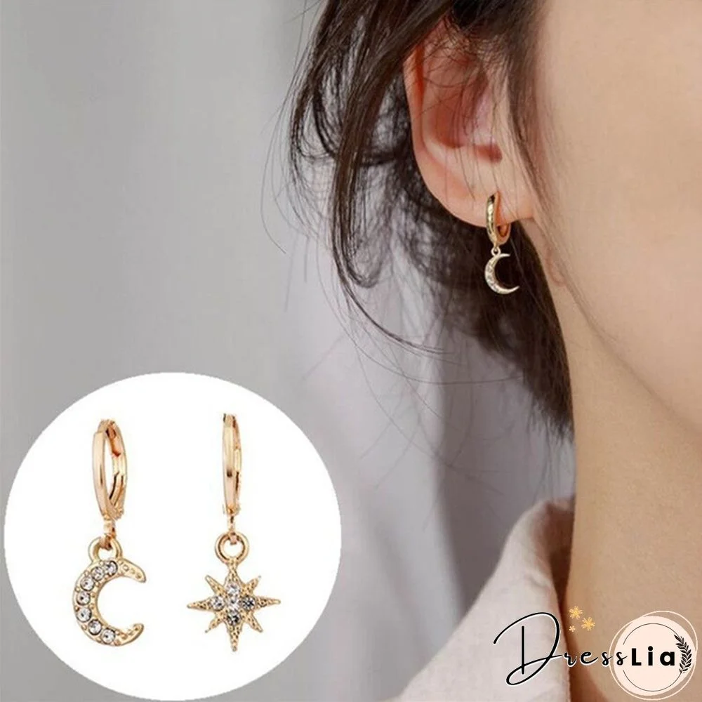 New 925 Silver Personality Asymmetric Star Moon Earrings Female Zircon Earrings Jewelry