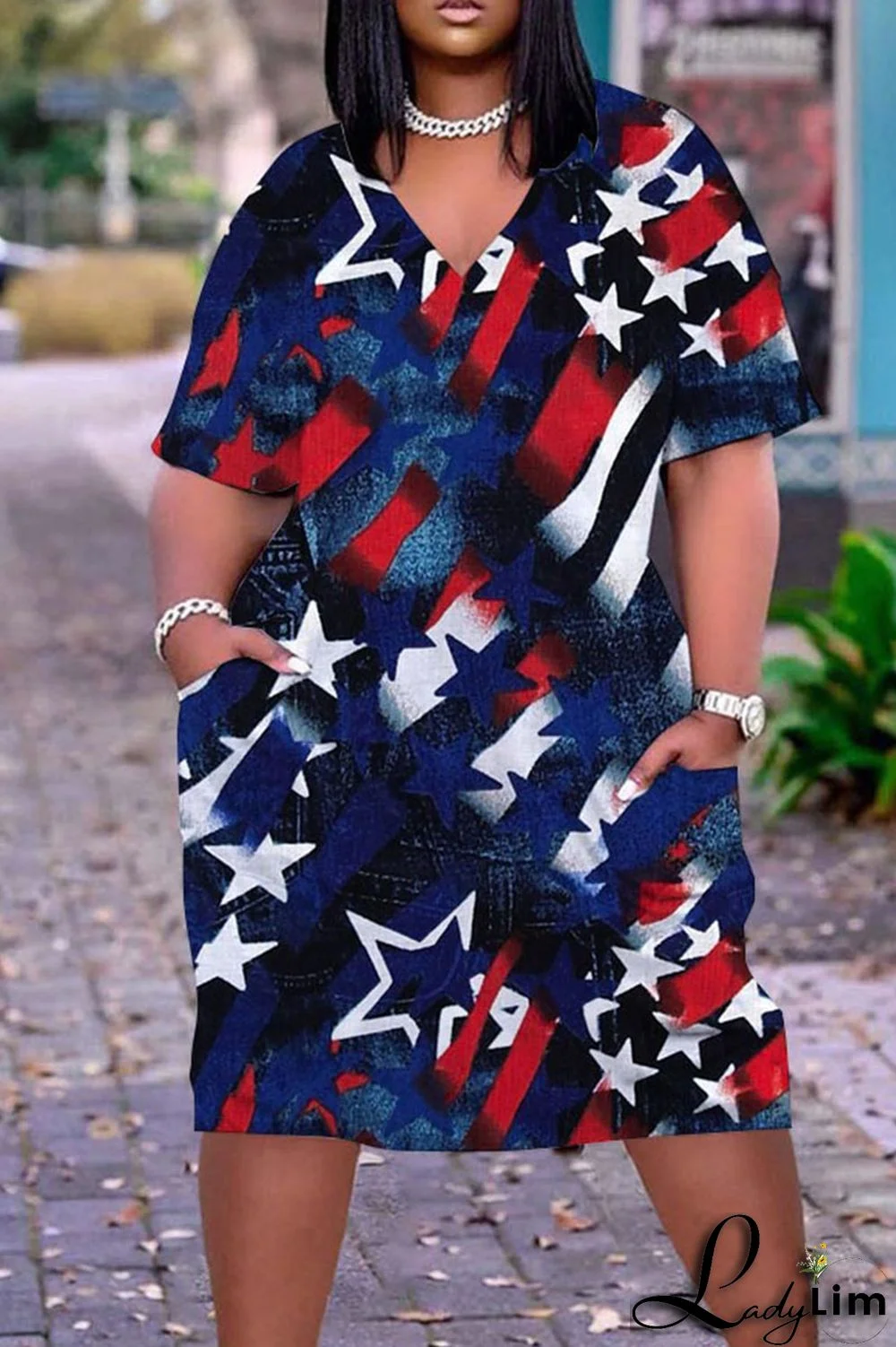 Deep Blue Casual Print Patchwork V Neck Dresses