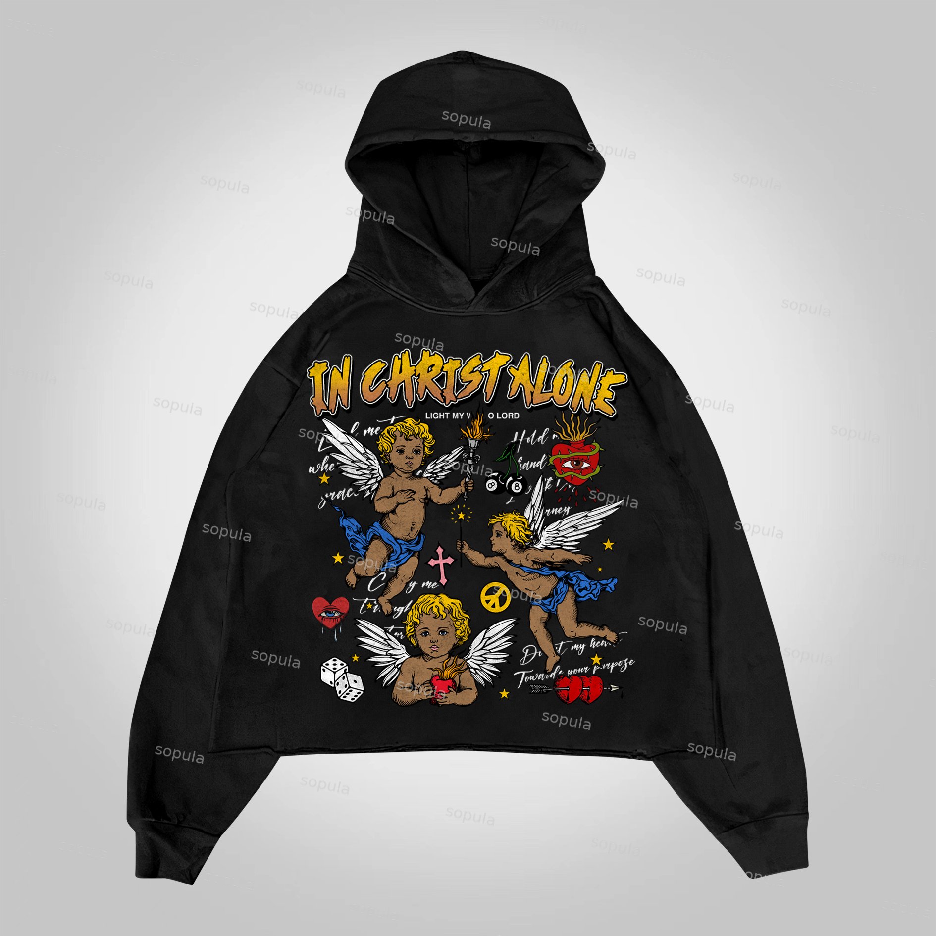 Sopula In Christ Alone Collage Printed Graphics Pocketless Hoodie - SOPULA