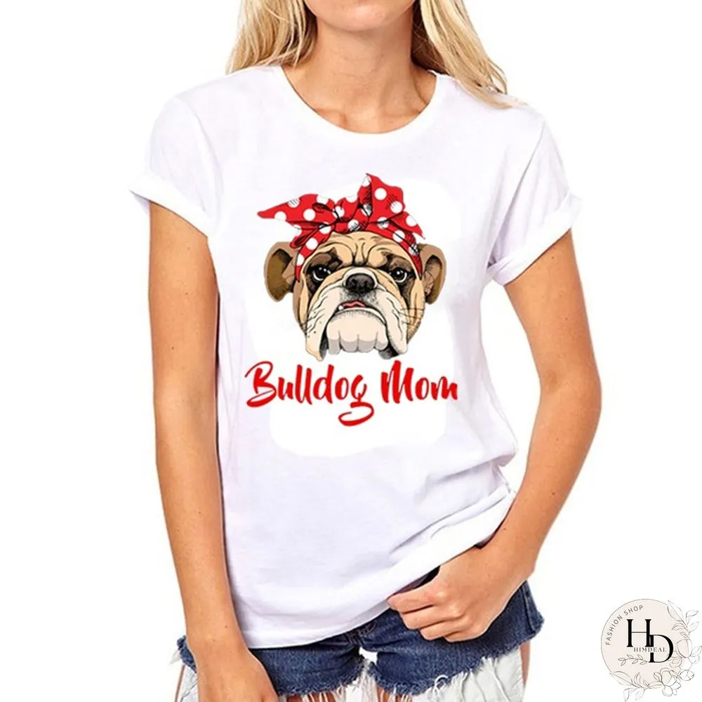 Funny Bulldog Mom Shirt for Women Casual Cotton T-shirt Femme Summer Short Sleeve White
