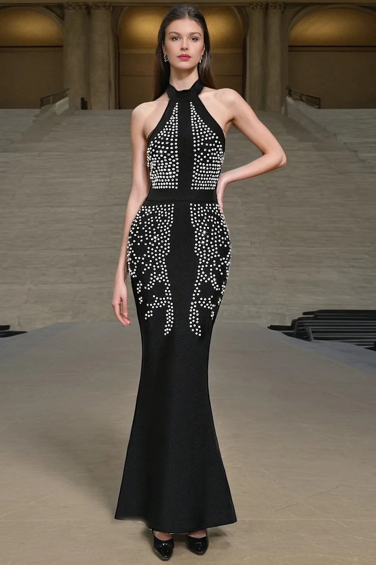Halter Rhinestone Pearl Embellished Mermaid Maxi Dress-Black