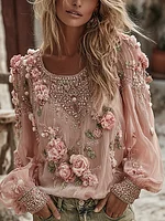 Women's Romantic Floral Embroidered Art Print Flowy Linen Blend Casual Tops