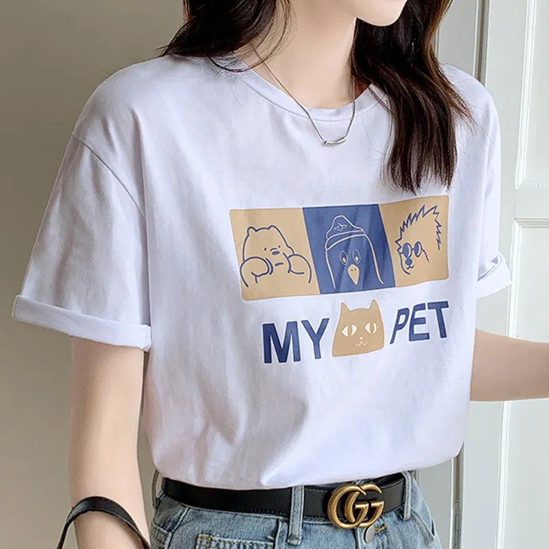 Cartoon Letter Print Round Collar Loose T-Shirt