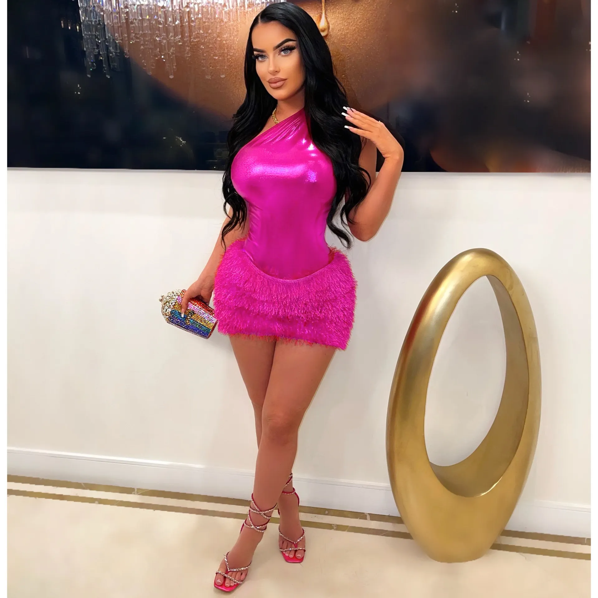 Women Clothing Skirt Set Jumpsuit Glossy Sexy Skirt Two Piece Set
