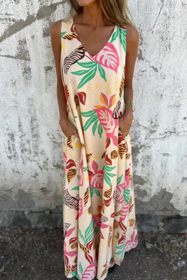 Botanical Print V-Neck Pocket Loose Casual Maxi Dress