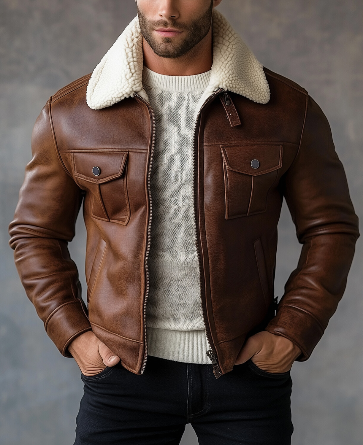 Okaywear PU Leather Fleece-Lined Turndown Collar Chest Pocket Jacket