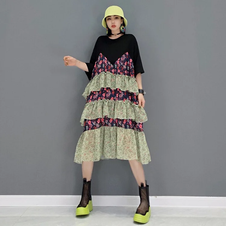 Stylish Loose O-neck Contrast Colors Chiffon Floral Patchwork Half Sleeve Dress              