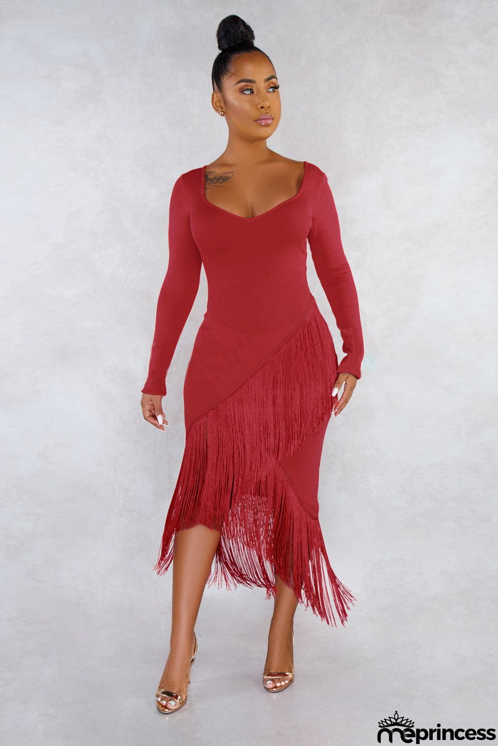Glove Sleeves Fringed High-low Midi Dress