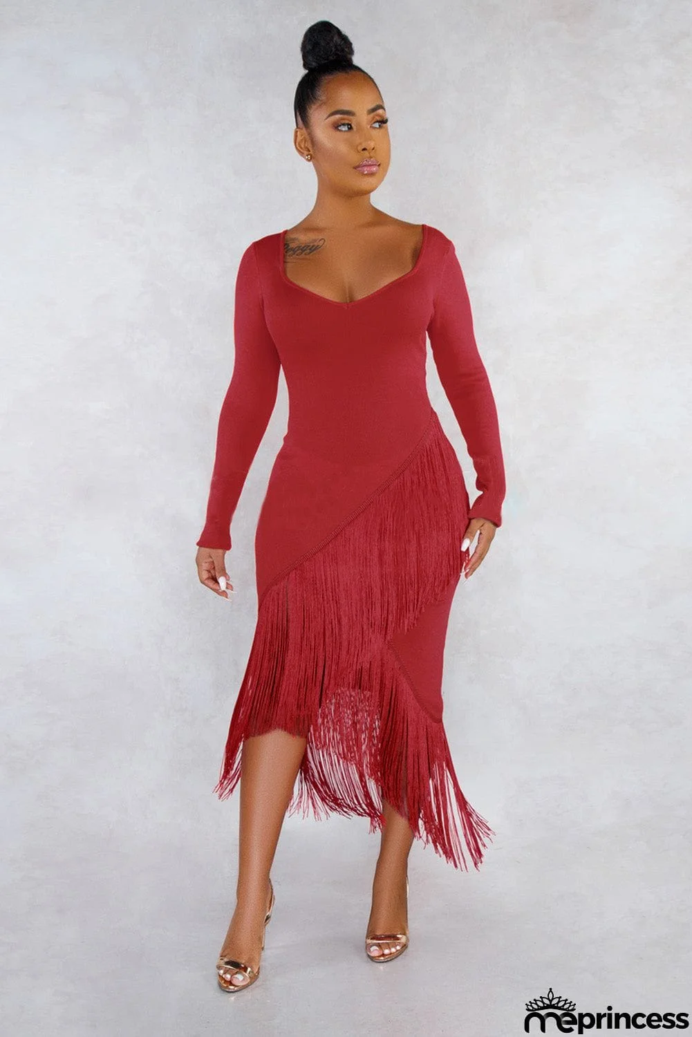 Glove Sleeves Fringed High-low Midi Dress