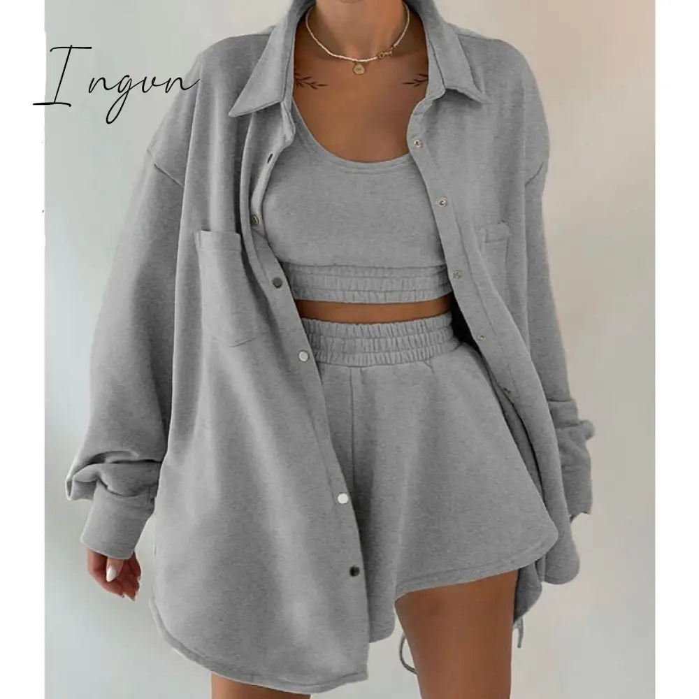 Ingvn - Tracksuit Three Piece Set Women Oversize Hoodies Sweatshirt Sweatpants Joggers Short Pant