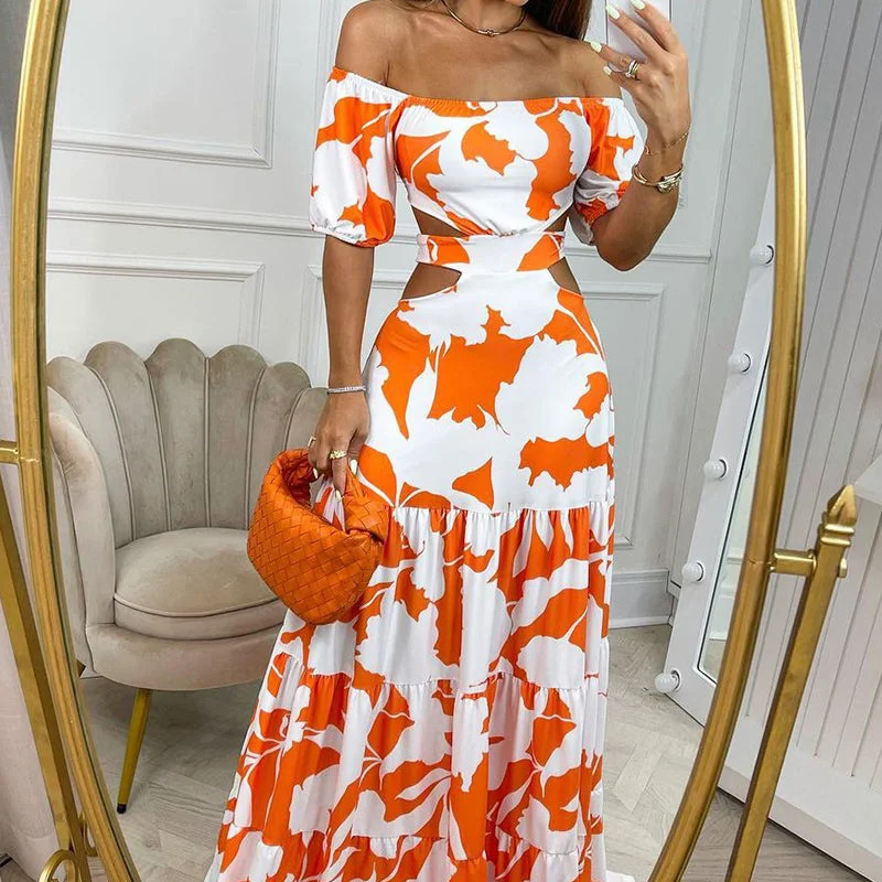 Uveng Uveng Women's Fall Fashion Personality One-Line Collar Print Waist Dress