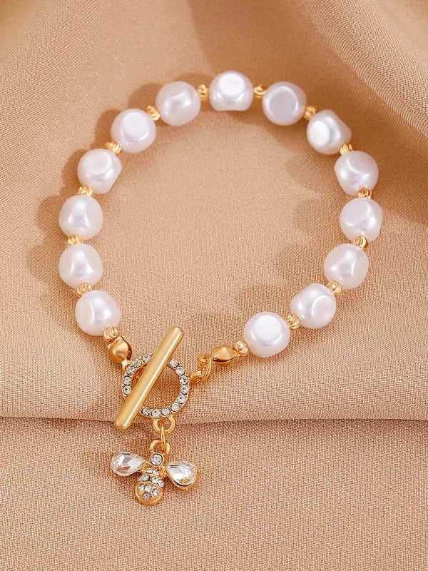 Minimalist Moon Flower Bow Knot Imitation Pearl Alloy Bracelets