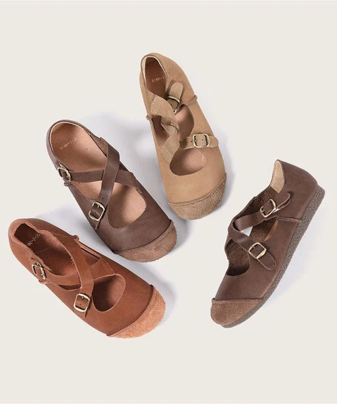 Splicing Brown Flat Feet Shoes Buckle Strap Flats