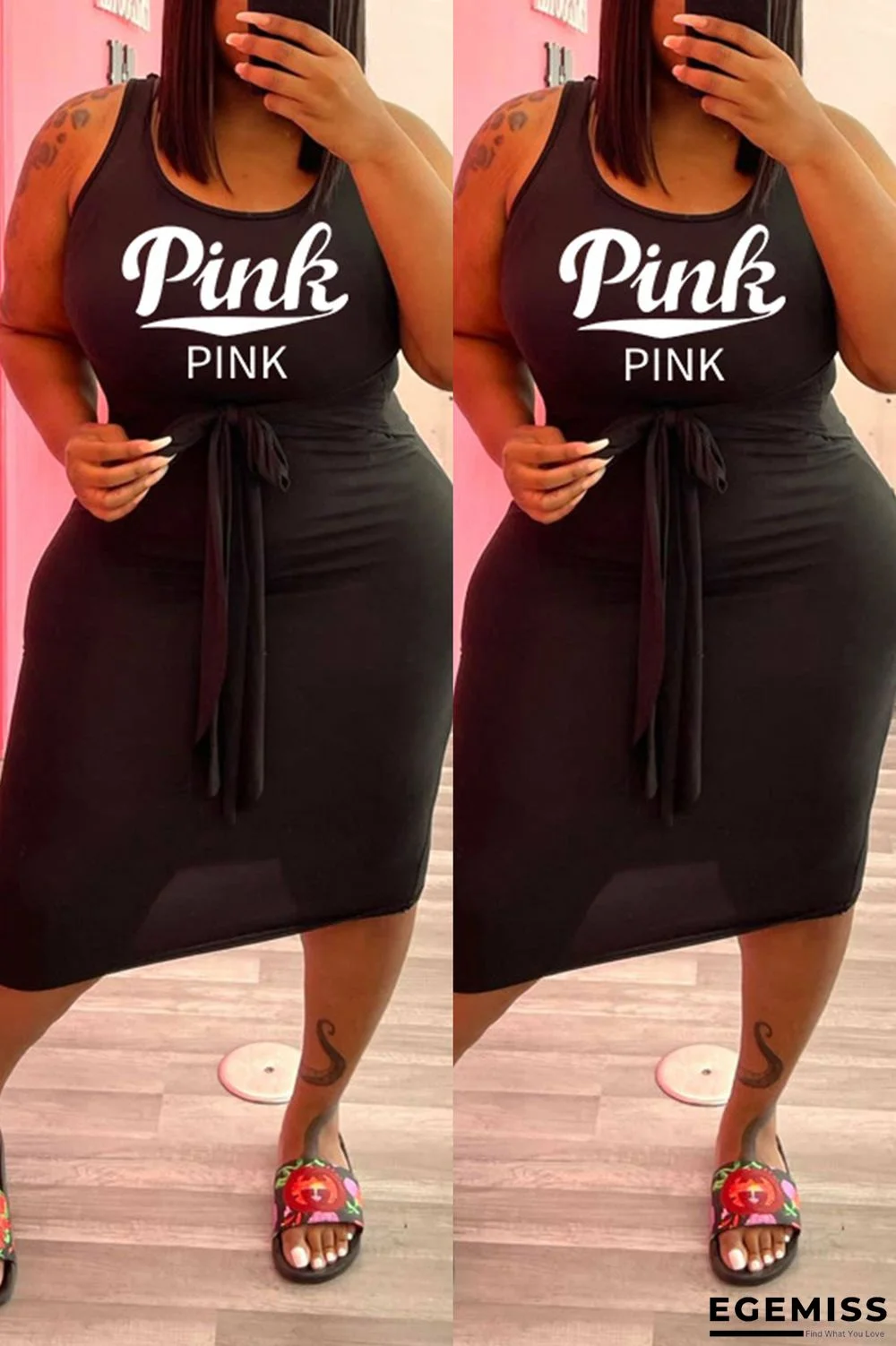 Black Fashion Casual Plus Size Letter Print Basic U Neck Vest Dress | EGEMISS