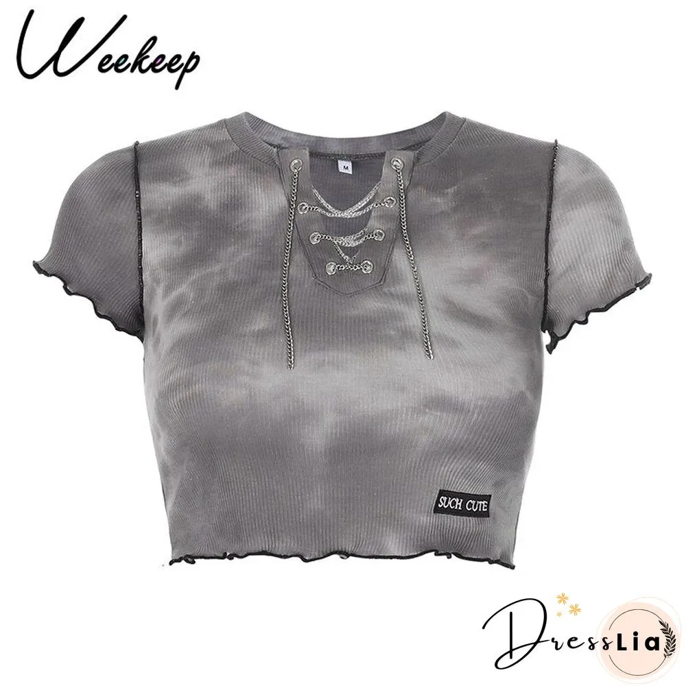 Womens White Short Sleeve Shirt Cropped Embroidery O-Neck Knitted T-Shirt