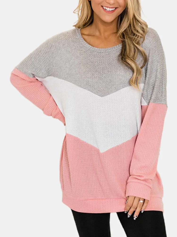 Contrast Color Long Sleeve O-neck Patchwork Sweater For Women