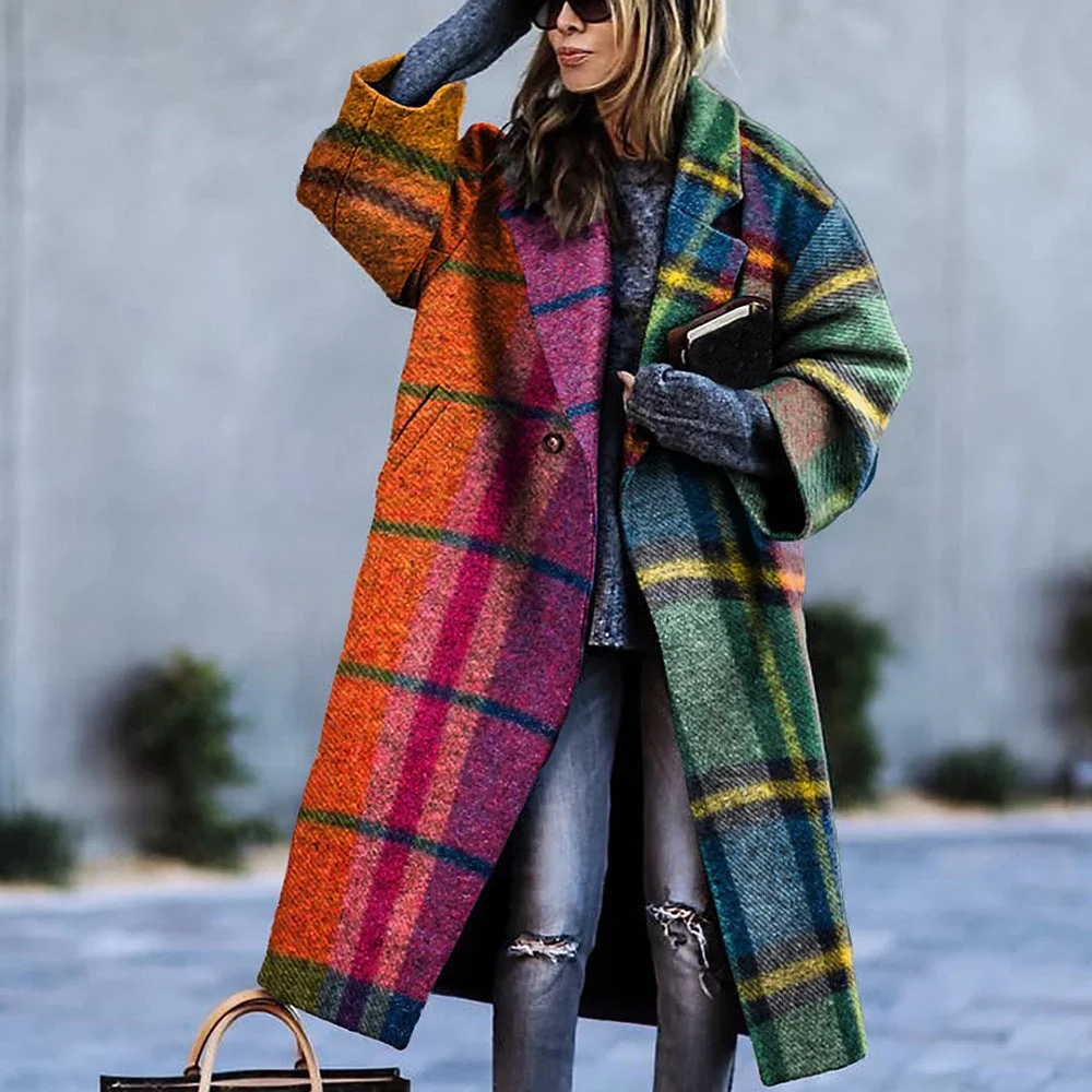 Brownm Autumn Long Sleeve Collar Printed Woolen Coats