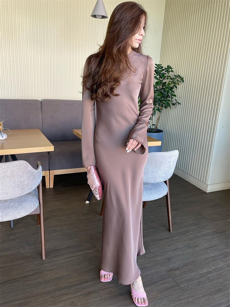 Ootddress Solid High Waist Fashion Maxi Dress For Women Long Sleeve Patchwork Slim Elegant Party Dress Autumn 2025 Female Long Dress