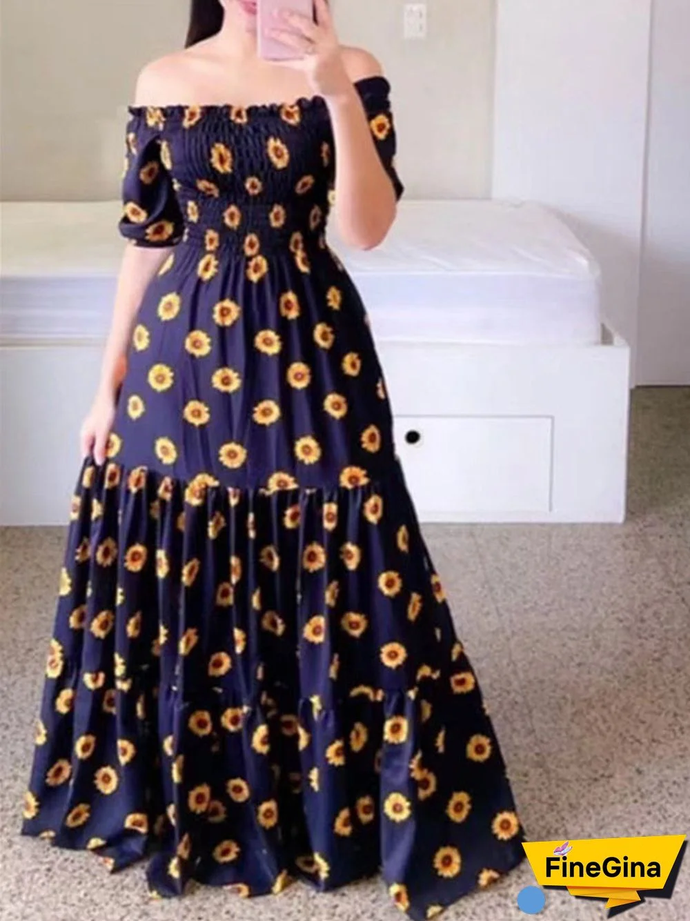 Women Sleeveless Off-shoulder Floral Printed Dress