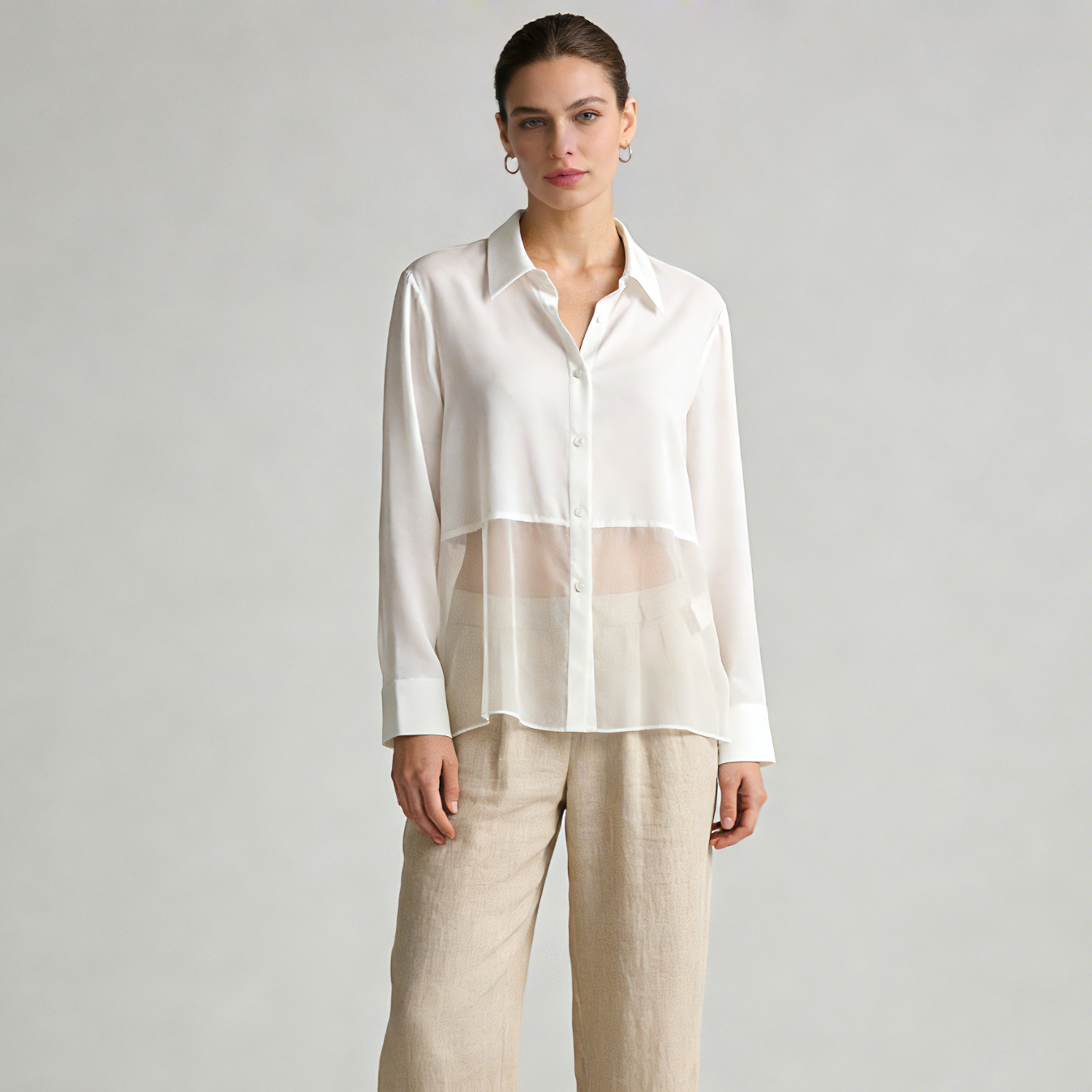 100% Mulberry Silk Shirt Sheer Panel   REAL SILK LIFE