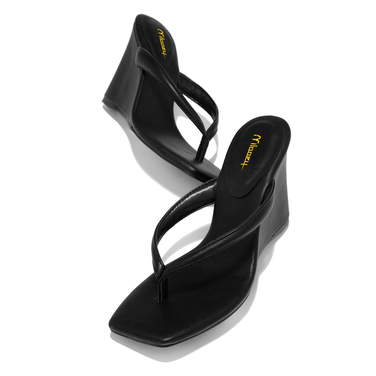 Black Open Square Toe Wedge Heel Slip-On Summer Womens Mules Shoes Nicepairs