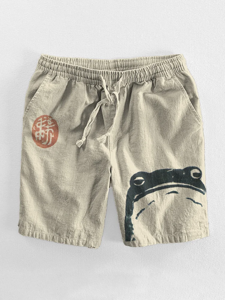 Comstylish Japanese Art Frog Print Casual Cozy Cotton Linen Shorts