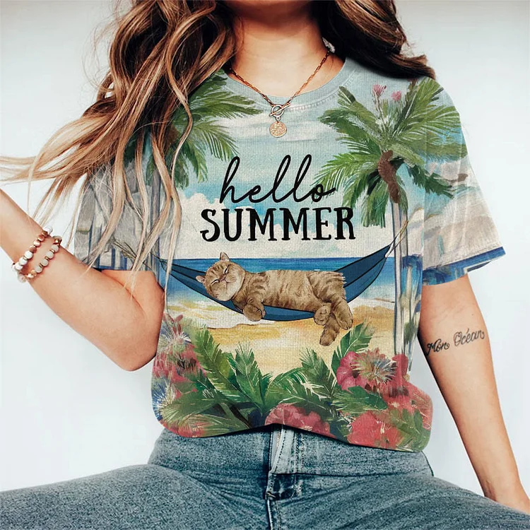 Summer Funny Holiday Sleeping Cat Print Short-sleeved T-shirt