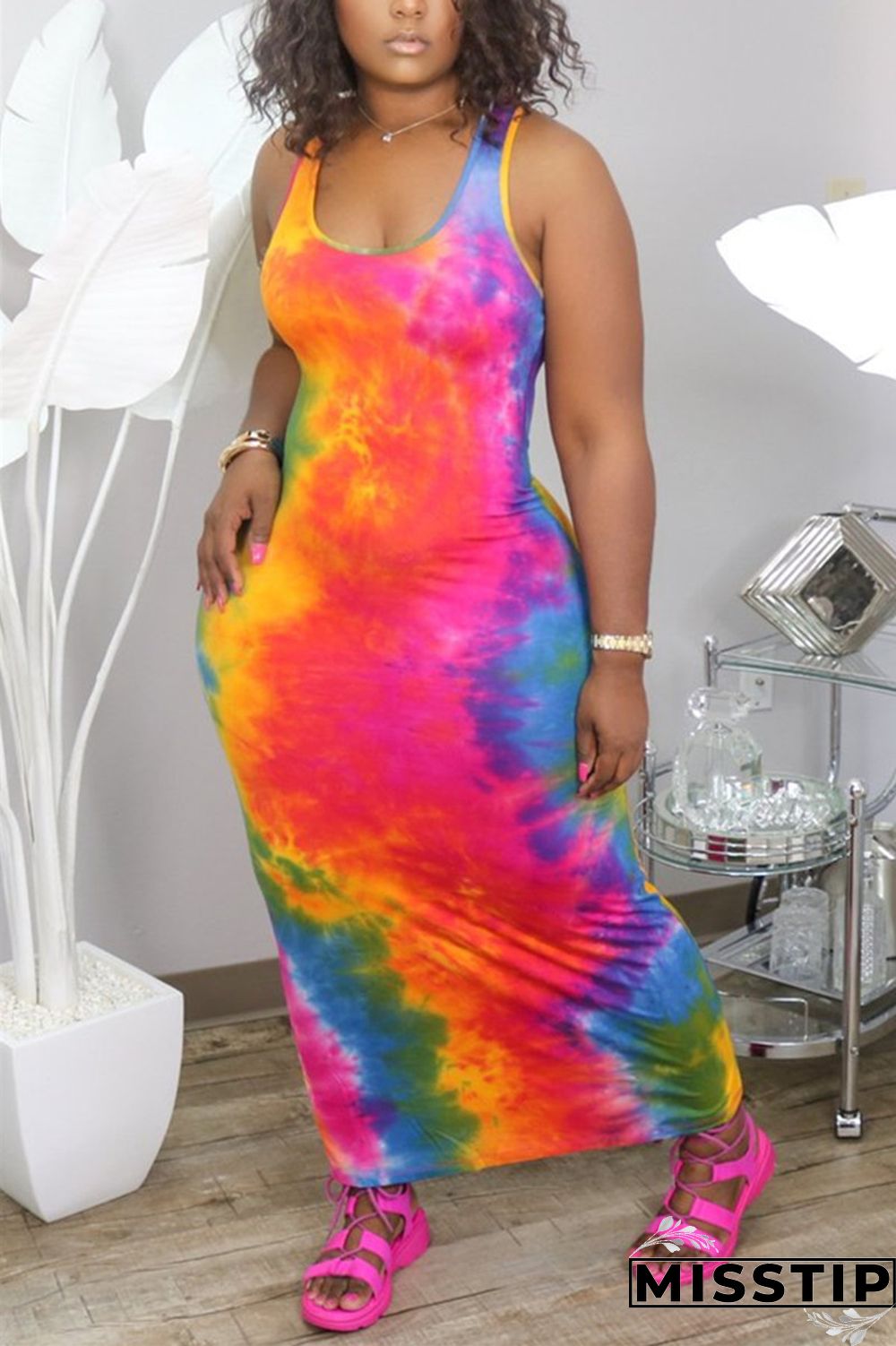 Orange Fashion Sexy Print Plus Size Sleeveless Dress