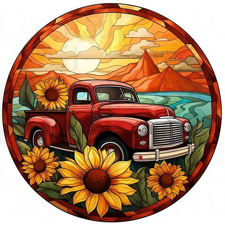 Round Brand Sunflower Classic Car 30*30CM (Canvas) Full Round Drill Diamond Painting gbfke